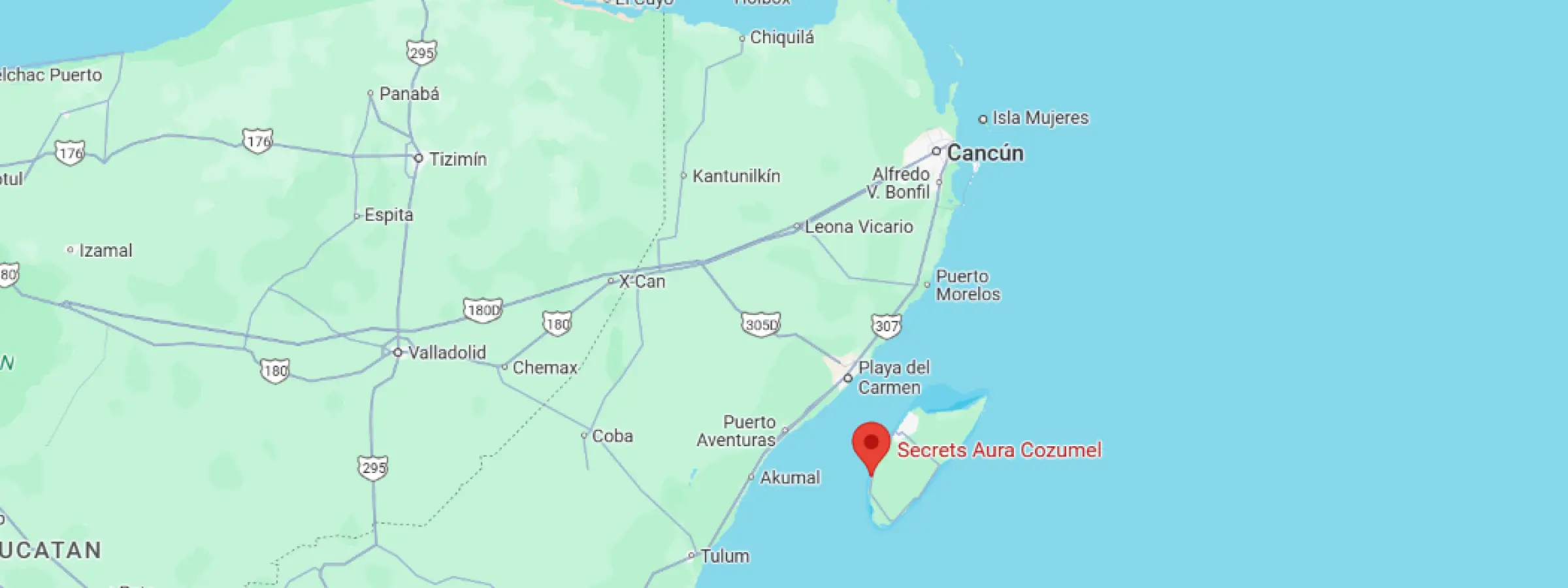 map showing location of secrets aura cozumel in Mexico