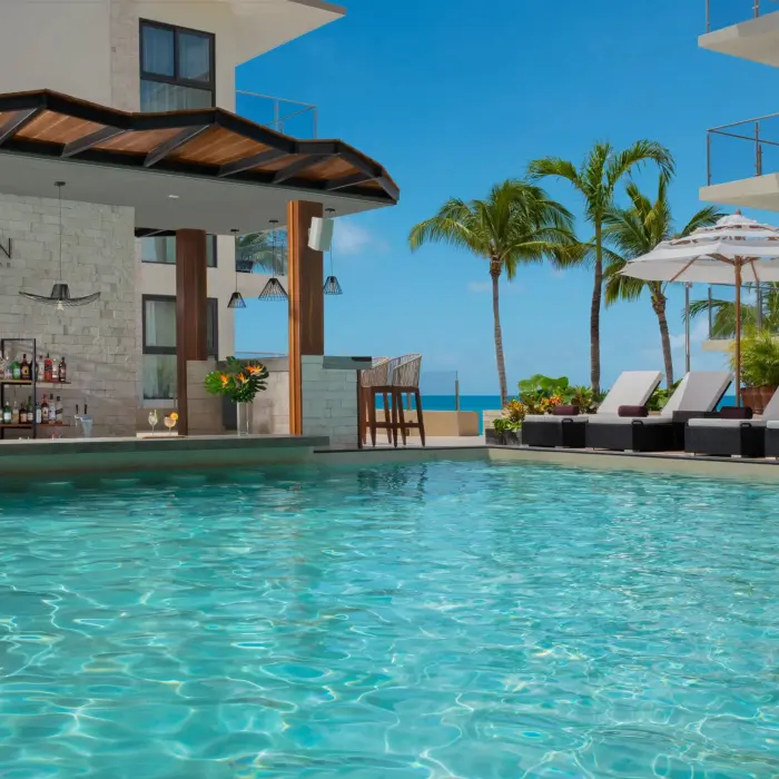 Marlin swim-up bar with tropical cocktails, shaded loungers, palm trees, and poolside relaxation.