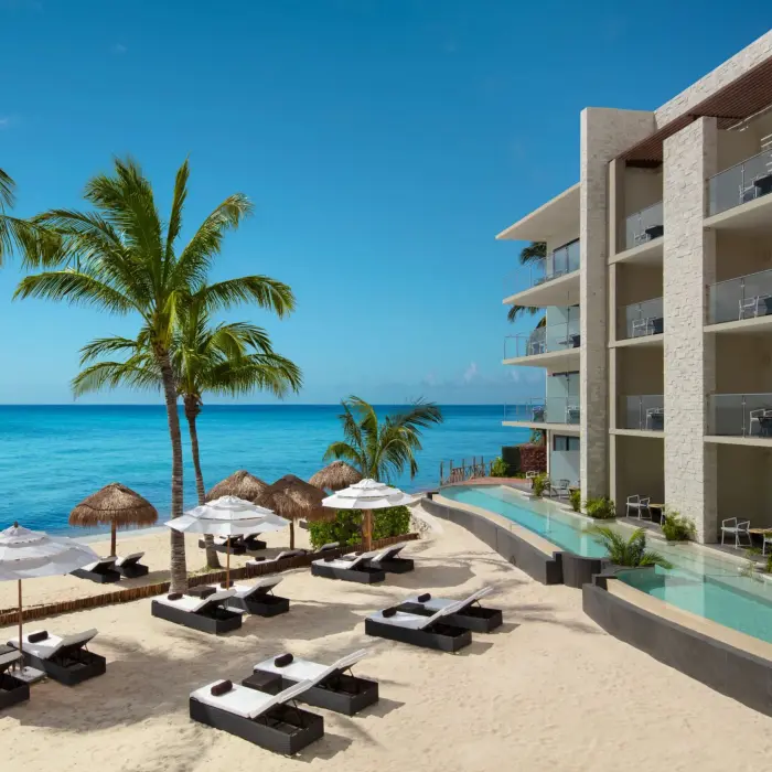 Elegant beachfront suites with private swim-out pool and shaded loungers under palm trees facing the ocean.