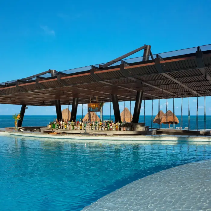 Poolside swim-up bar with tropical thatched-roof accents, offering ocean views and an extensive drink selection.