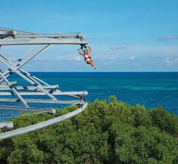 Guest riding a rollglider zipline over lush greenery with panoramic views of the Caribbean Sea.