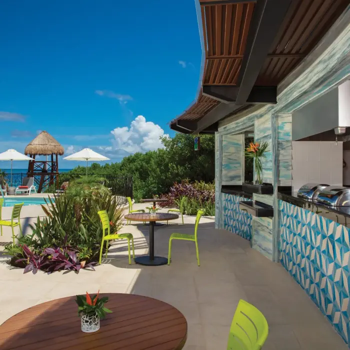 Outdoor grill and dining area with ocean view, tropical plants, and bright seating.