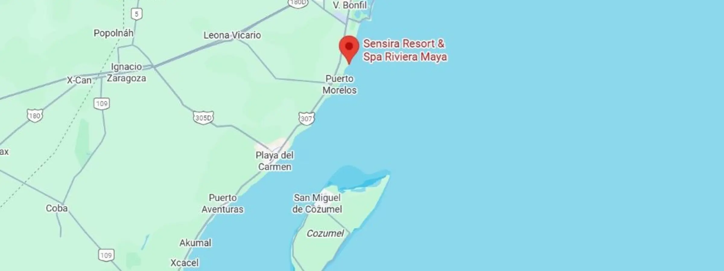 map showing location of sensira resort and spa in Mexico