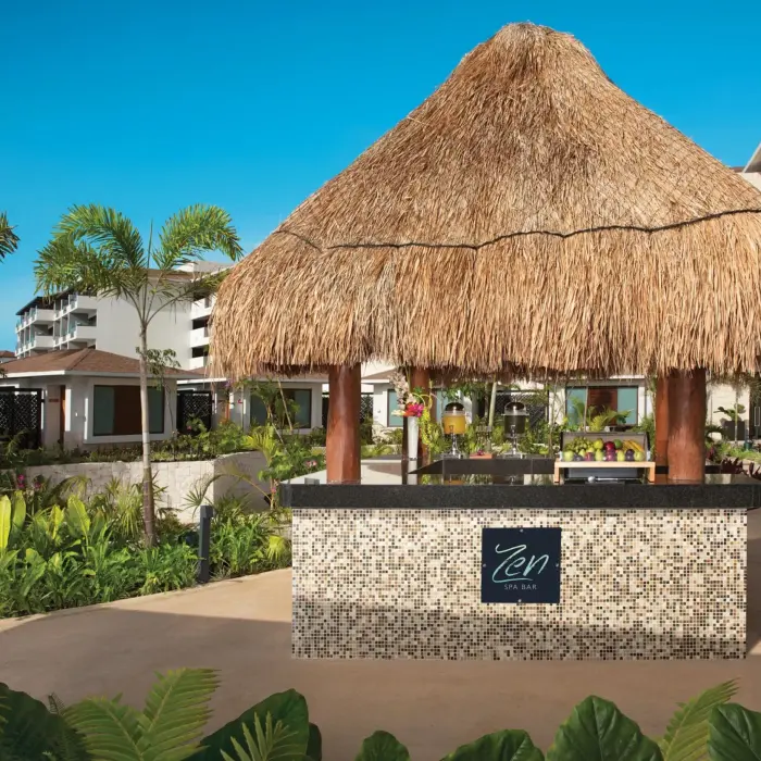 Zen Spa Bar with thatched roof and a counter offering fresh fruit and juices in a lush garden setting.