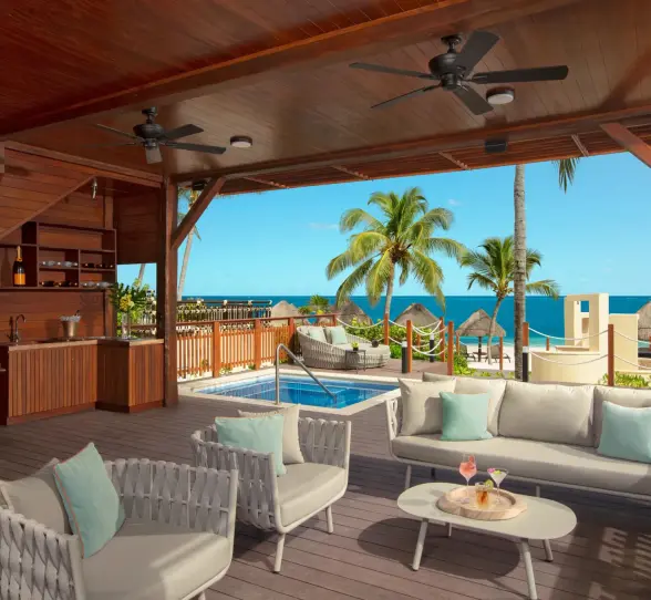 Two-story beach cabana with upper sun deck, plunge pool and lounge space.