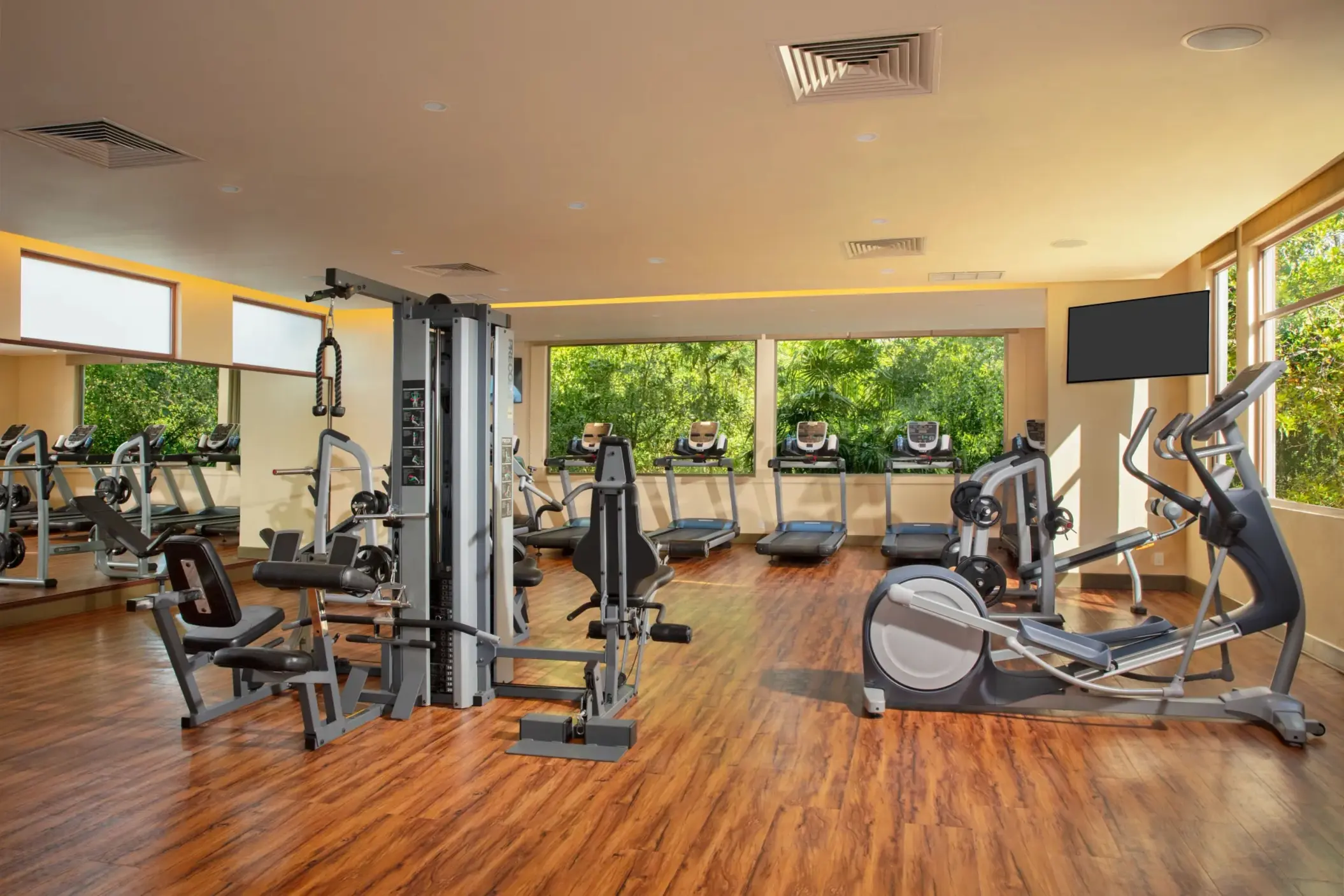 Fully equipped fitness center with cardio machines, strength equipment, and jungle views at Dreams Riviera Cancun.