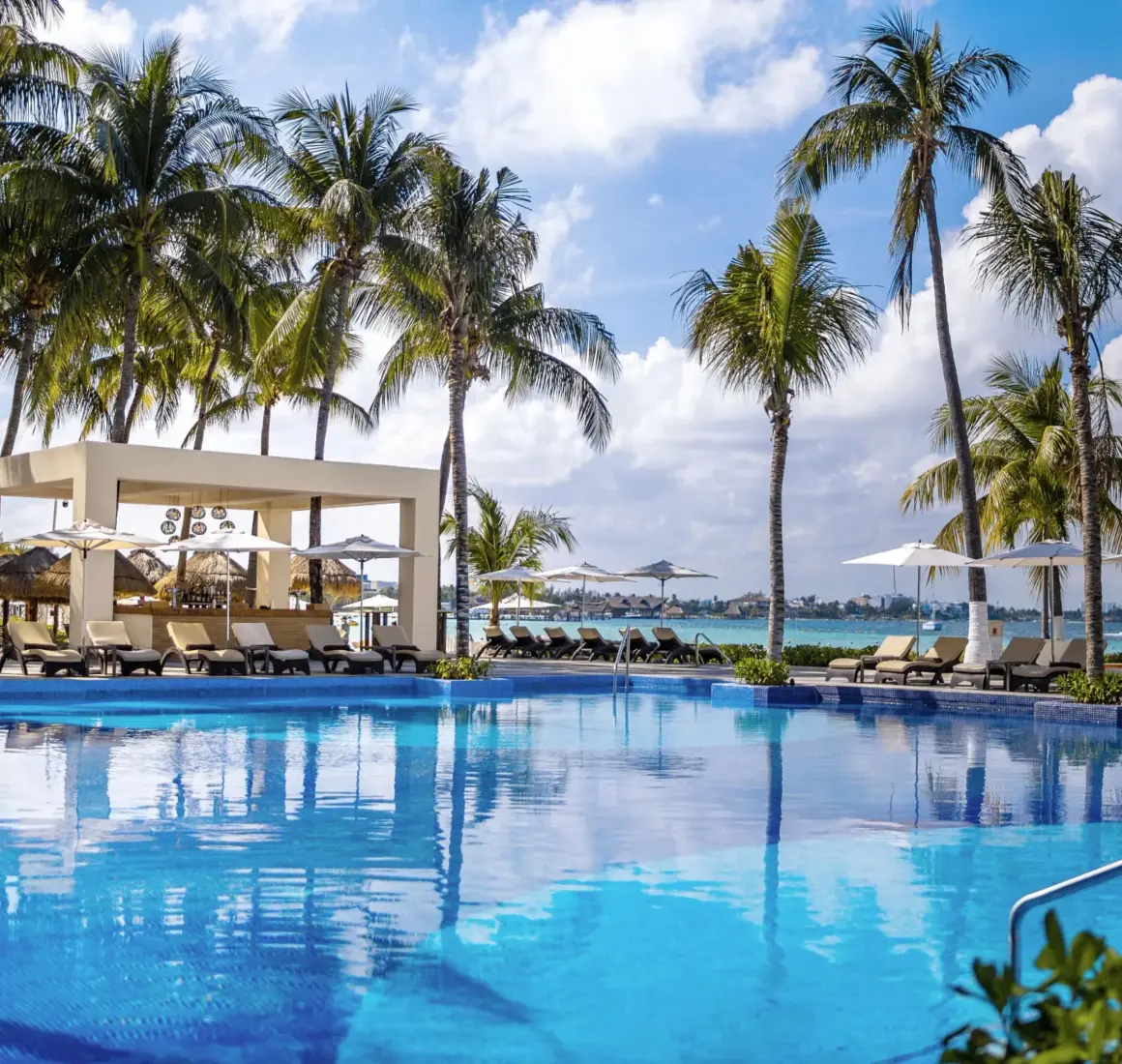 Infinity-edge pool with ocean view surrounded by palm trees, loungers, and a modern poolside bar pavilion.