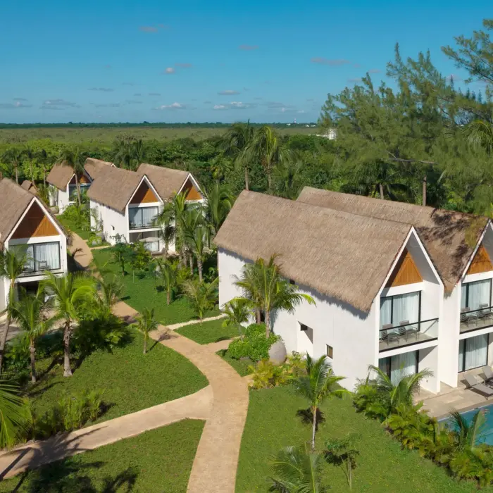 Stunning aerial view of secluded private villas near the beach.