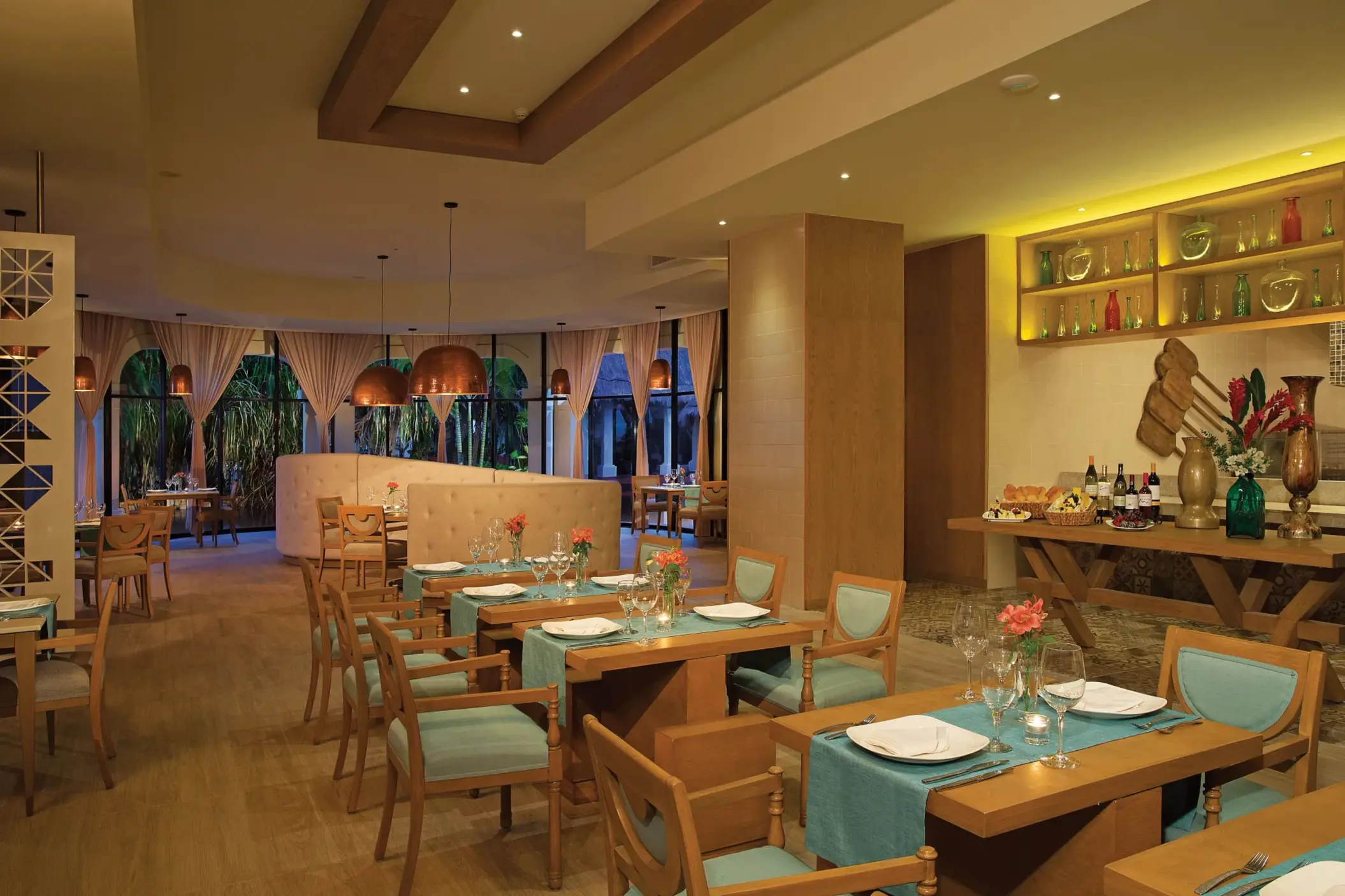 Elegant Mediterranean-inspired interiors at Cibu, where fine dining meets tropical luxury at Dreams Sapphire.