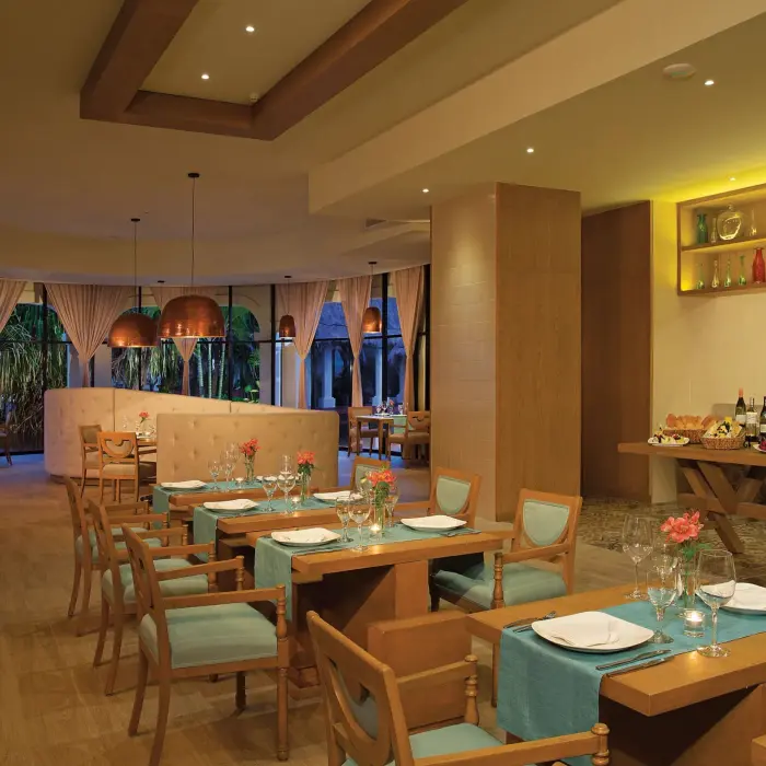 Elegant Mediterranean-inspired interiors at Cibu, where fine dining meets tropical luxury at Dreams Sapphire.