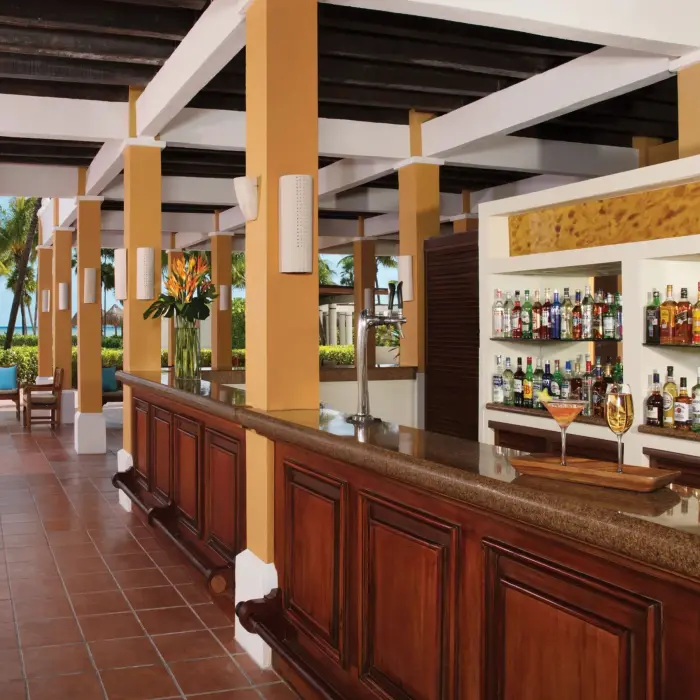 Outdoor Sugar Reef bar with wood and tile decor, tropical cocktails, and ocean views at Dreams Tulum Resort & Spa.
