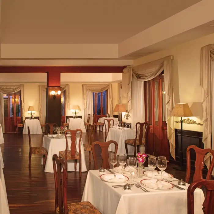 Fine dining at Bordeaux restaurant with white tablecloths, elegant wooden chairs, and warm lighting.