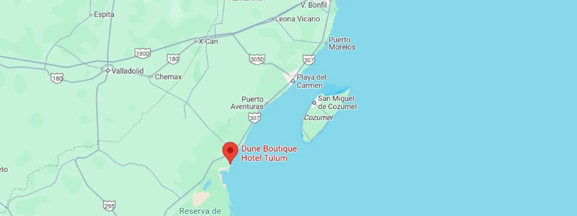 map showing location of dune boutique hotel tulum in Mexico