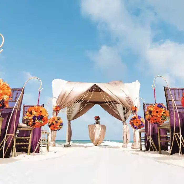 beach wedding setup at El Dorado Casitas Royale