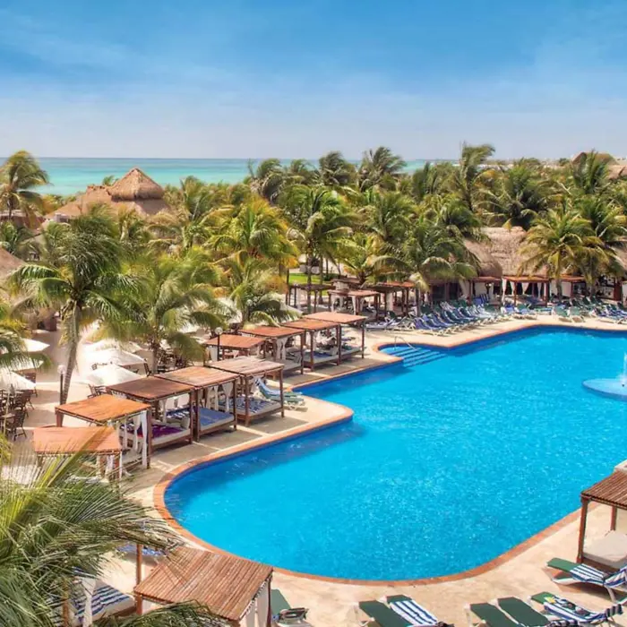 aerial view of the pool and cabanas and loungers at El Dorado Royale