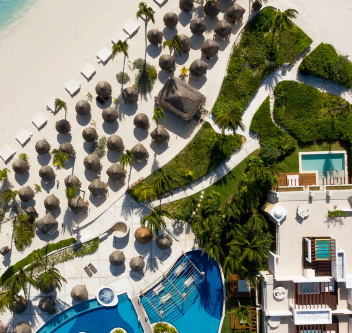 Aerial view of resort beachfront, palapas, and ocean-facing suites surrounded by greenery and soft sand.
