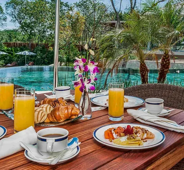 delicious breakfast by the pool at Fairmont Heritage Place Mayakoba
