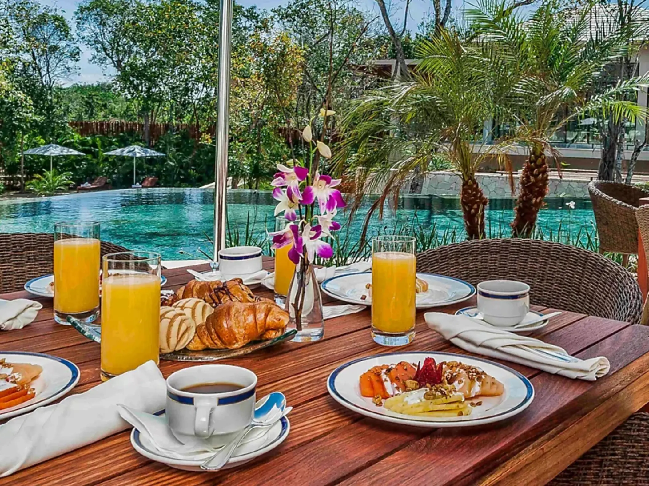 delicious breakfast by the pool at Fairmont Heritage Place Mayakoba