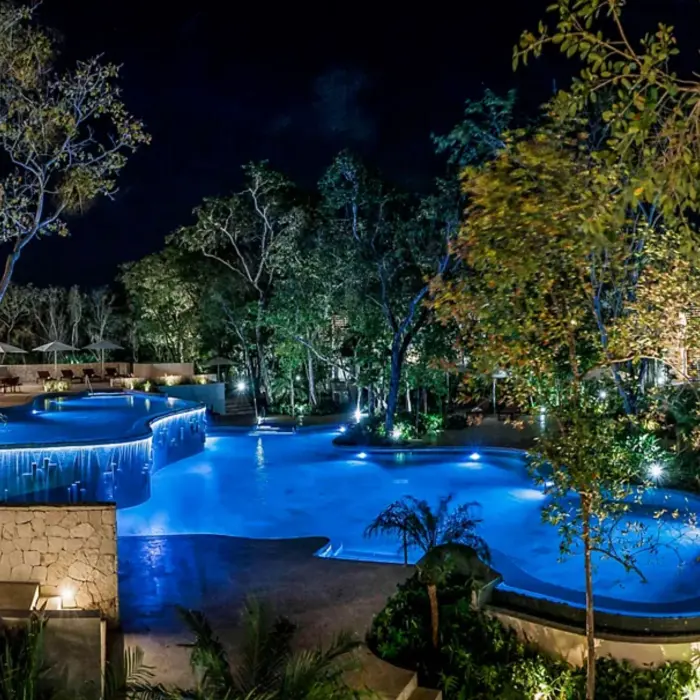 pool at night at Fairmont Heritage Place Mayakoba