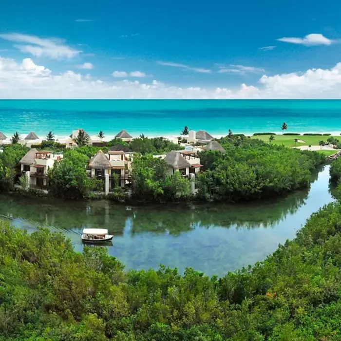 Fairmont Mayakoba resort and mangroves and golf course aerial view