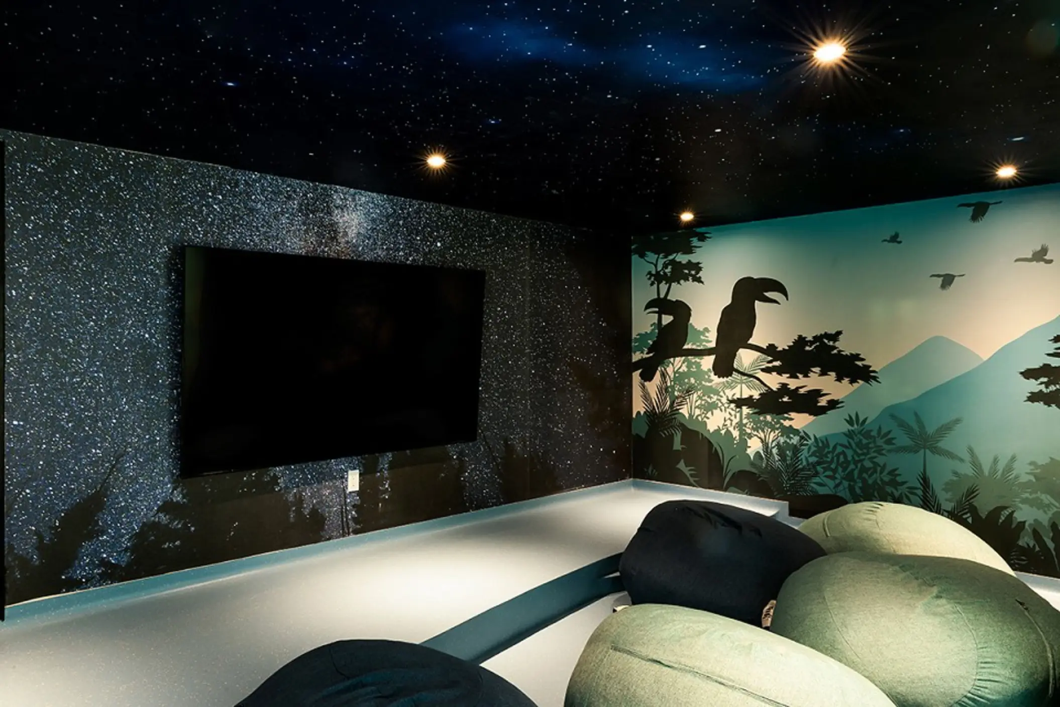 Dark-themed kids’ cinema room with bean bags, toucan wall mural, and starry sky ceiling with soft lighting.