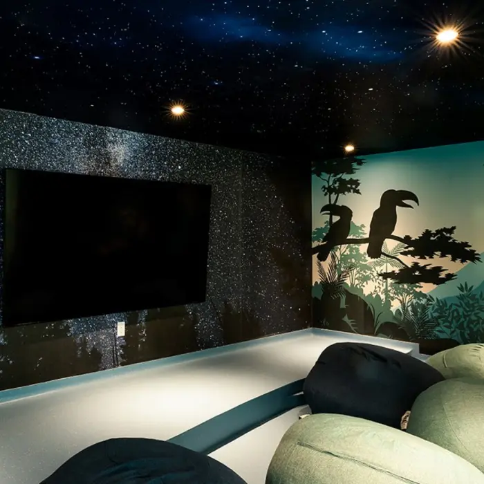 Dark-themed kids’ cinema room with bean bags, toucan wall mural, and starry sky ceiling with soft lighting.