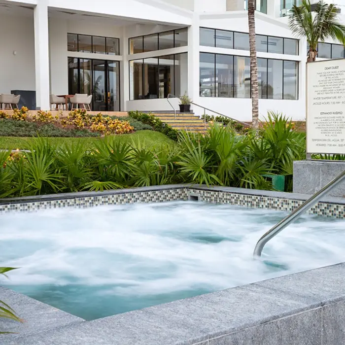 Large infinity pool surrounded by palm trees, cabanas, and sun loungers facing the ocean.