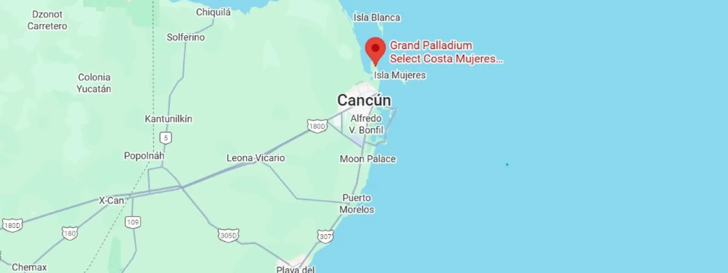 map showing location of grand palladium select costa mujeres in Mexico