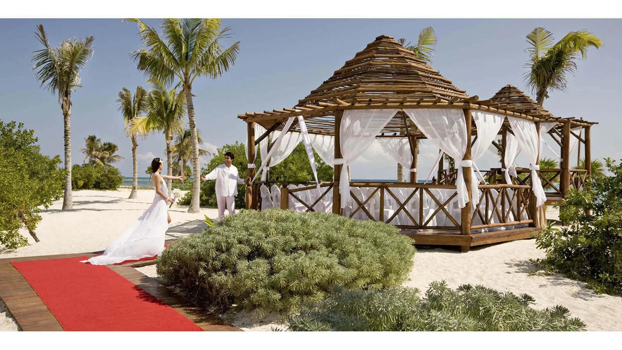 Bride in white gown approaches groom at a beachfront wedding gazebo with white drapes, palm trees, and ocean.
