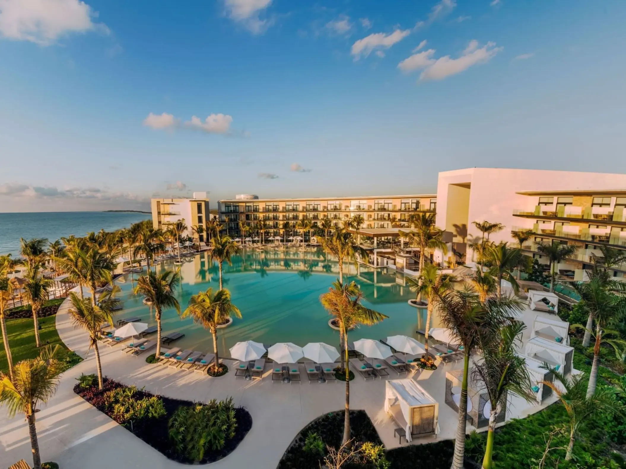 aerial view of the pool and resort grounds and buildings at Haven Riviera Cancun
