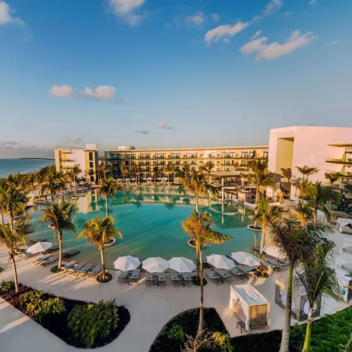 aerial view of the pool and resort grounds and buildings at Haven Riviera Cancun