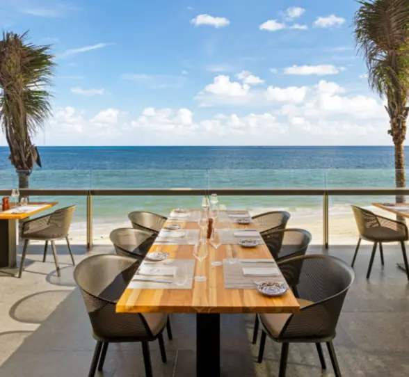 Open-air beachfront dining with wood tables, mesh chairs, and panoramic views of the ocean and palm trees.