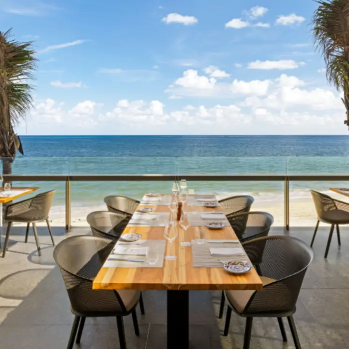 Open-air beachfront dining with wood tables, mesh chairs, and panoramic views of the ocean and palm trees.