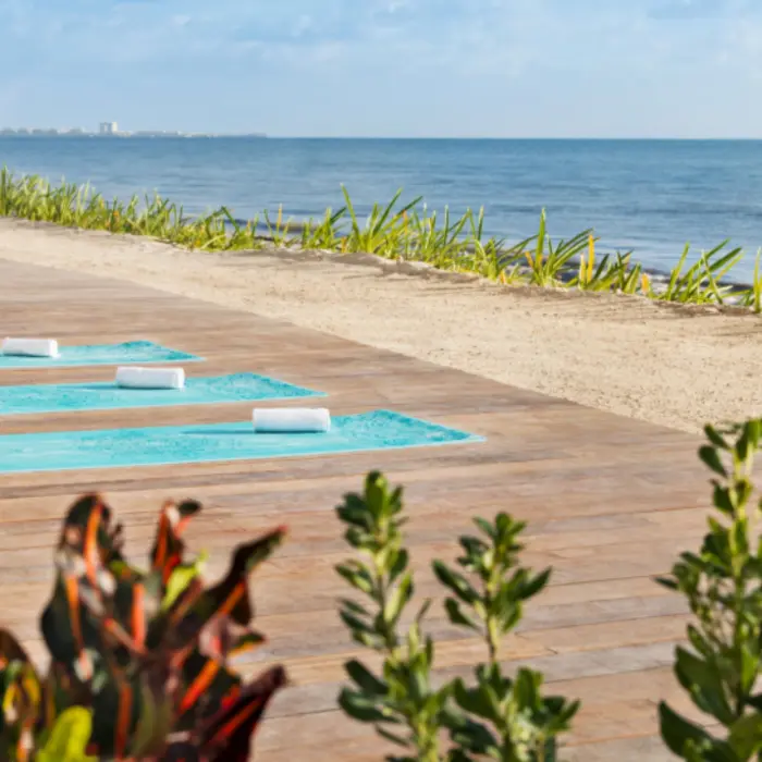 Oceanfront yoga deck with bright blue mats and props set on wooden planks overlooking the calm sea and sandy beach.