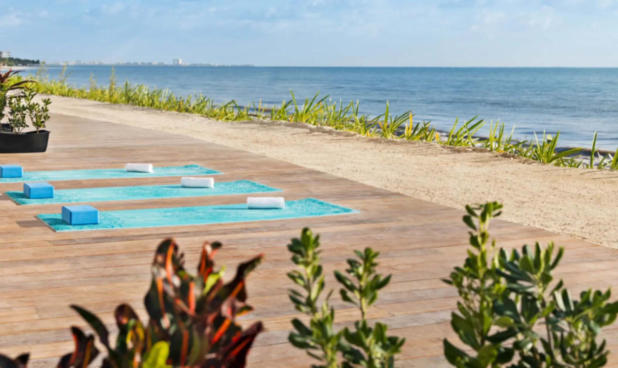 Oceanfront yoga deck with bright blue mats and props set on wooden planks overlooking the calm sea and sandy beach.