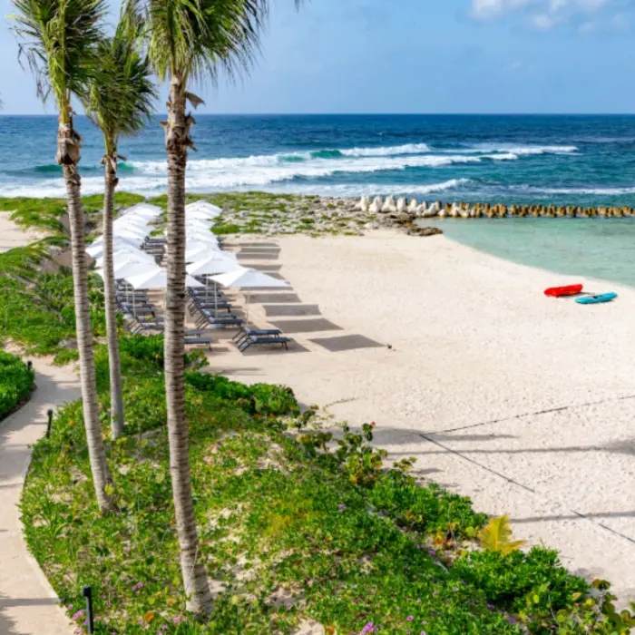 White sand beach with sun loungers and umbrellas, framed by palm trees and clear turquoise water.