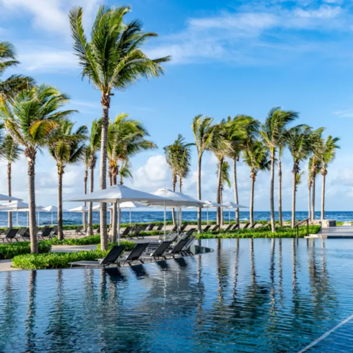 Serene poolside scene with palm trees, shaded loungers, and an oceanfront backdrop under a blue sky.