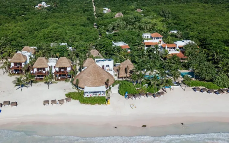 Hotel Esencia aerial view with resort beach and mangroves