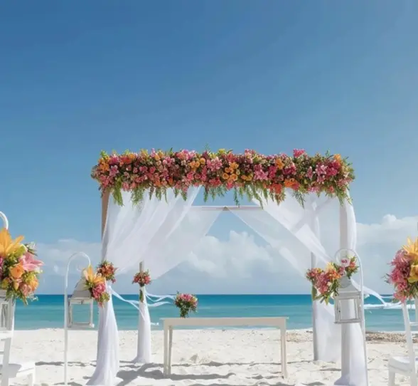 A beautifully decorated beach wedding venue with a floral arch, white chairs, and an altar, overlooking the turquoise ocean.