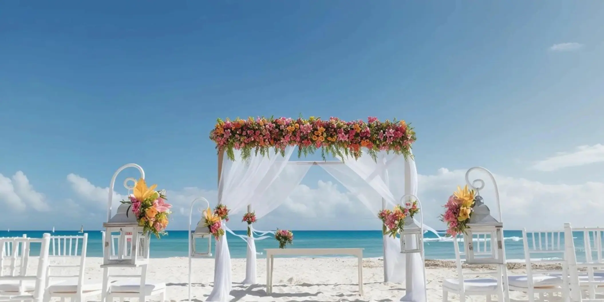 A beautifully decorated beach wedding venue with a floral arch, white chairs, and an altar, overlooking the turquoise ocean.