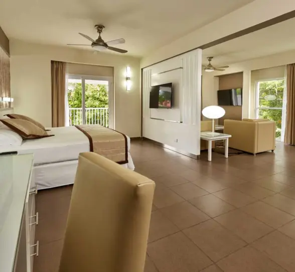 A spacious and elegantly furnished suite featuring a comfortable bed, a separate living area with a couch and TV, and a dining space.