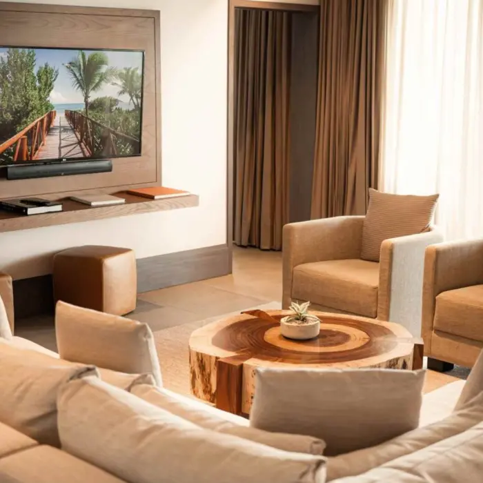 Cozy lounge area with neutral sofas, natural wood table, flat-screen TV, and sunlight pouring through the curtains.