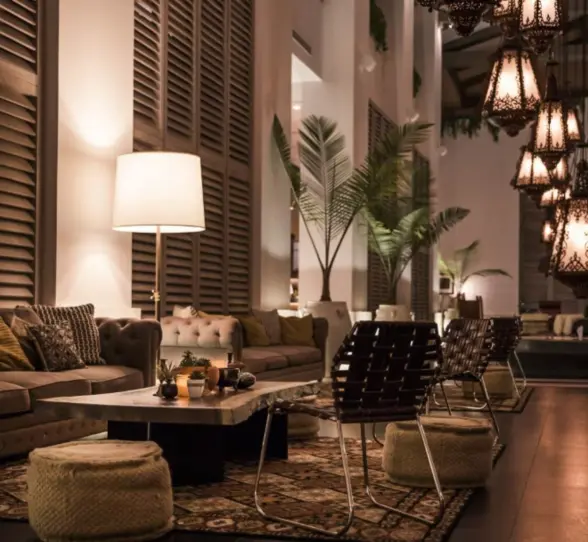 Chic hotel lounge at night with soft lighting, textured rugs, woven stools, and an inviting mix of seating.