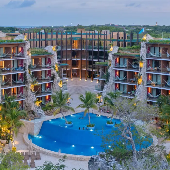 pool and accommodation buildings at Hotel Xcaret Mexico