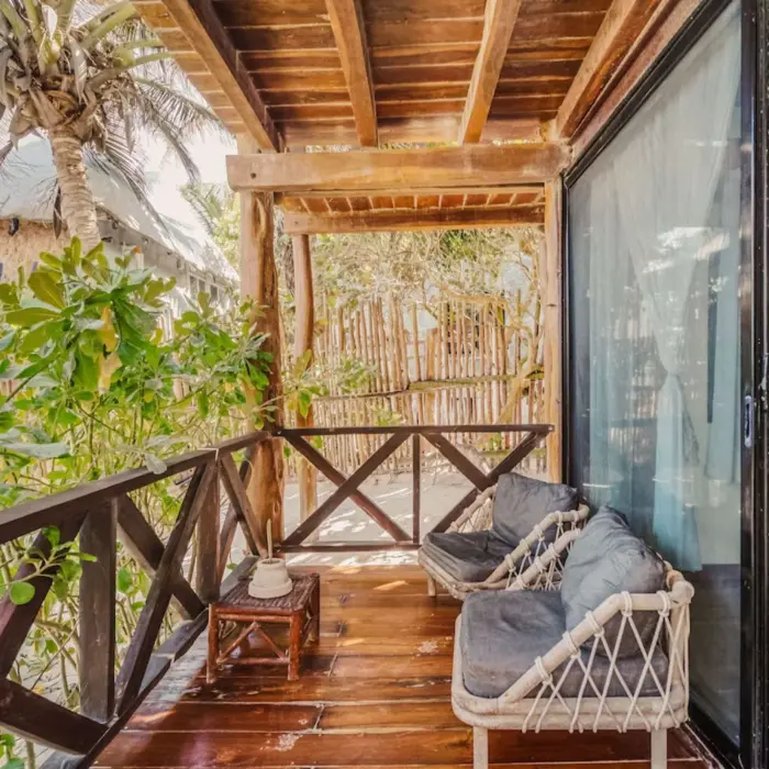 terrace of ocean view suite at Hotelito Azul Tulum