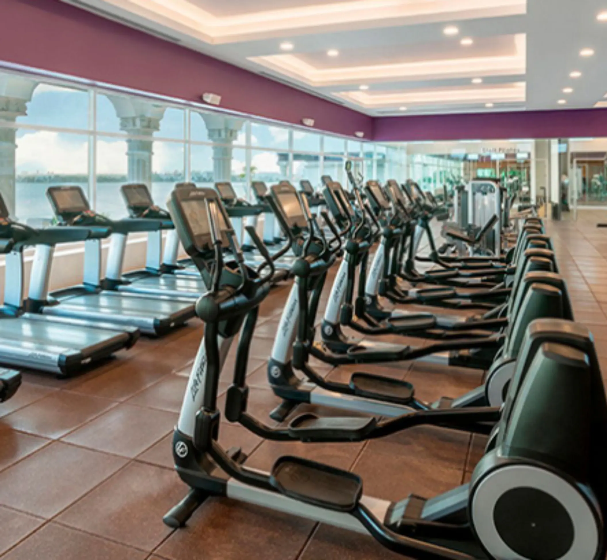 Fully equipped gym with treadmills, ellipticals, and views of the lagoon from large glass windows.