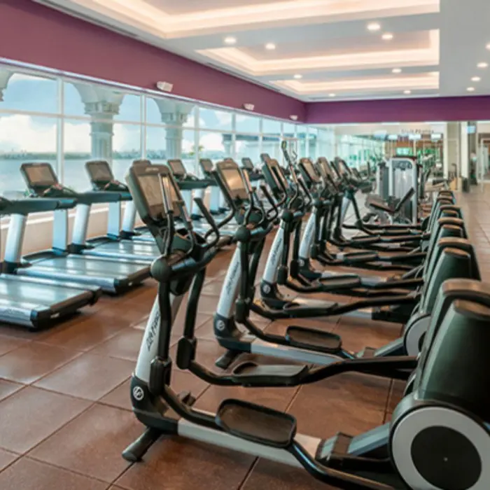 Fully equipped gym with treadmills, ellipticals, and views of the lagoon from large glass windows.