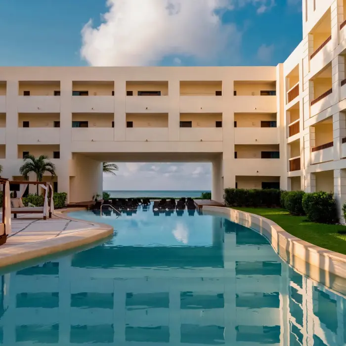 main pool with poolside loungers and the resort accommodations at Hyatt Ziva Riviera Maya