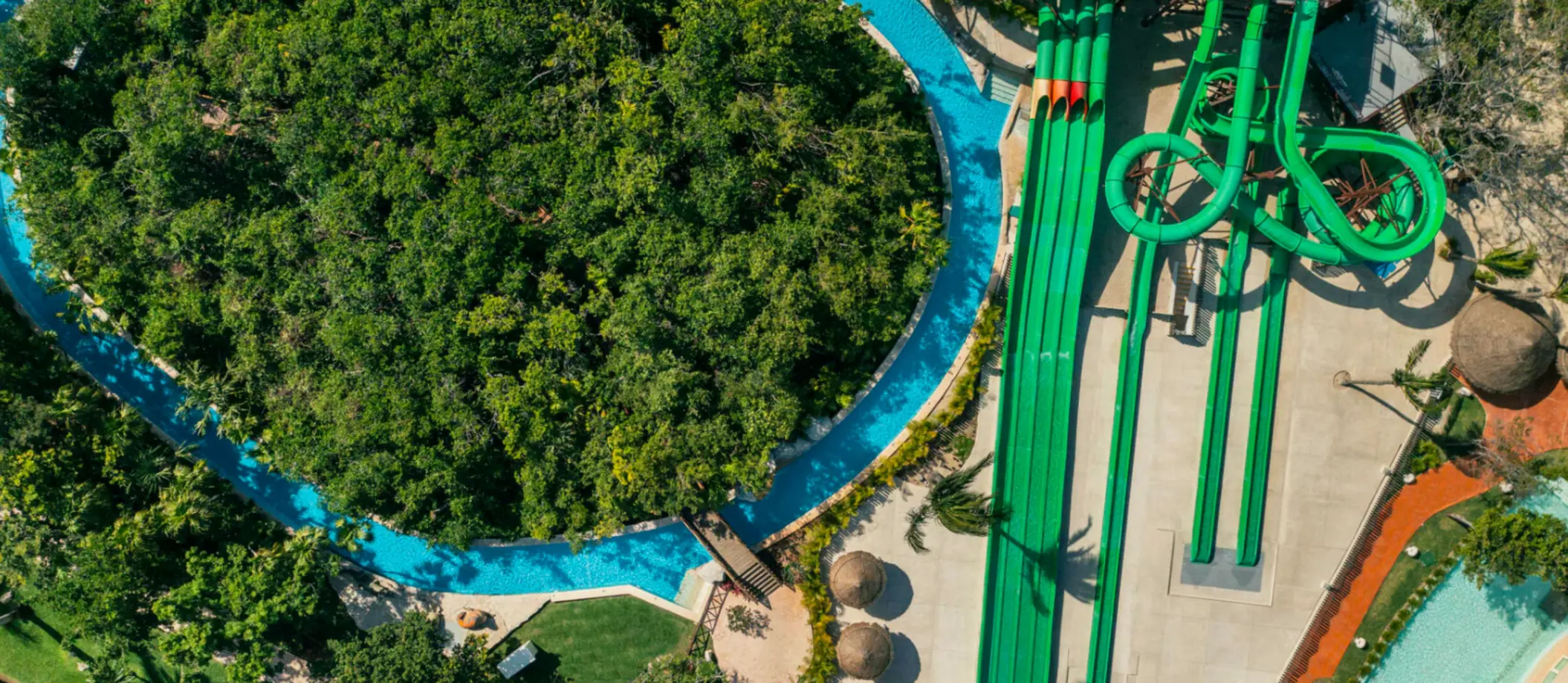 aerial view of the waterslides and lazy river at Iberostar Selection Paraiso Maya Suites