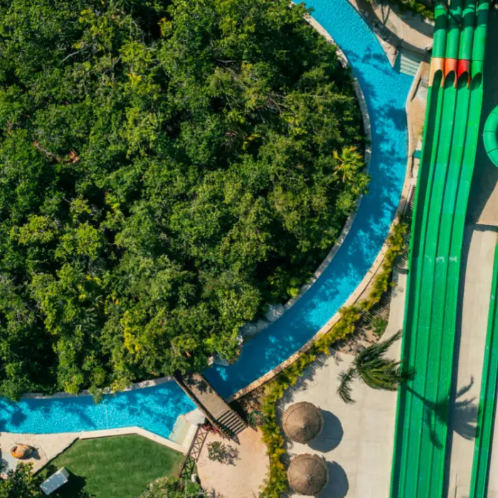 aerial view of the waterslides and lazy river at Iberostar Selection Paraiso Maya Suites